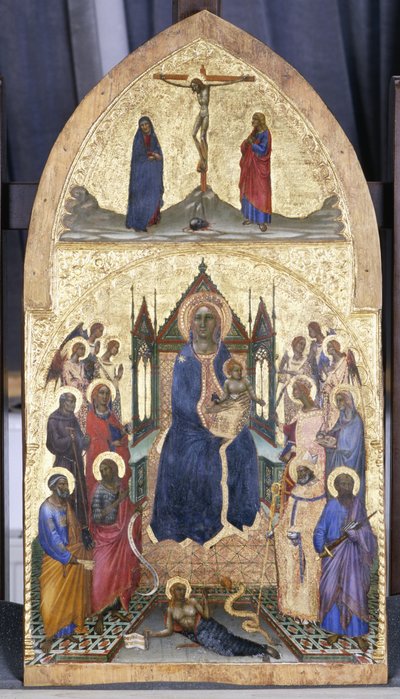 Madonna og barn på tronen med engle og hellige, ca. 1360-70 (tempera på poppeltræ) af Angelo di Puccinelli