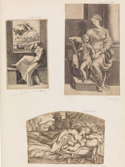 Kvinde og engel, Jomfru og Barn, Satyr ser på en ung mor og et barn, der sover, 1555-1567. af Angiolo Falconetto