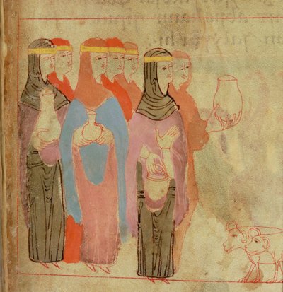 Cott Claud B IV f.76 Kvinder med guld pandebånd, fra Aelfric Pentateuch, fra St. Augustine