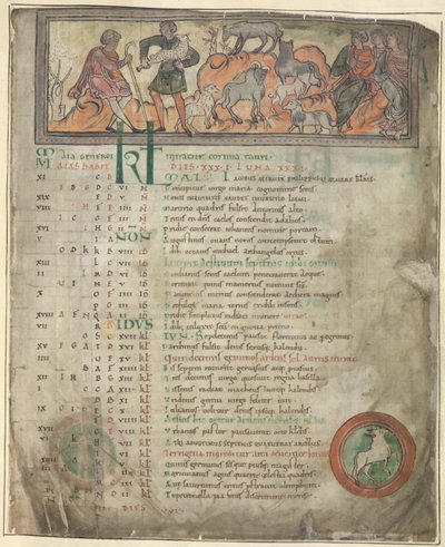 Cotton Tiberius B. V, Del 1, f.5 Kalenderside for maj. Pasning af får. To hyrder med deres flok, en med en skurk og tre siddende skikkelser. Til fods, Vædderen i en rundel af Anglo Saxon