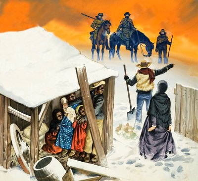 En scene baseret på romanen Onkel Toms Hytte af Angus McBride