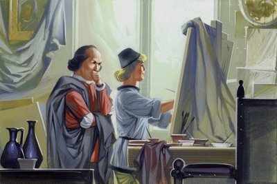 En ung Leonardo Da Vinci hjælper sin mester Verrocchio med Kristi dåb (gouache på papir) af Angus McBride