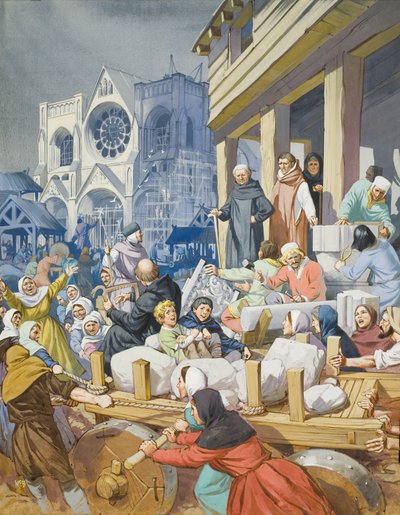 Abbed Suger (ca. 1081-1151) og opførelsen af klosteret St Denis (gouache på papir) af Angus McBride