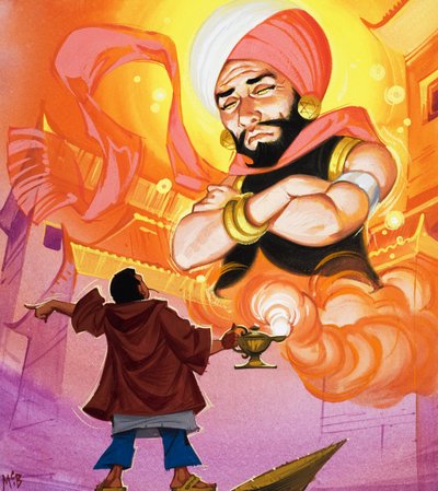 Aladdin kommanderer ånden, illustration fra 