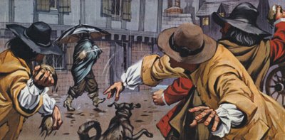 Vrede kuske kastede jord på mænd med paraplyer (farvelitografi) af Angus McBride