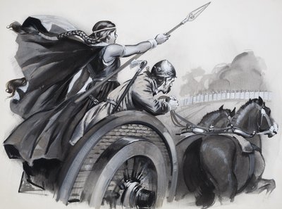 Boadicea opildner briternes raseri mod deres romerske overherrer (gouache på papir) af Angus McBride