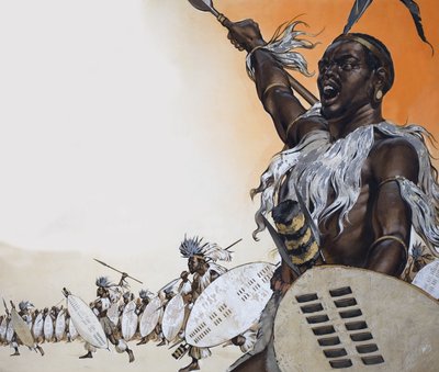 Chaka i kamp i spidsen for regimentet Tulwana impi (gouache på papir) af Angus McBride