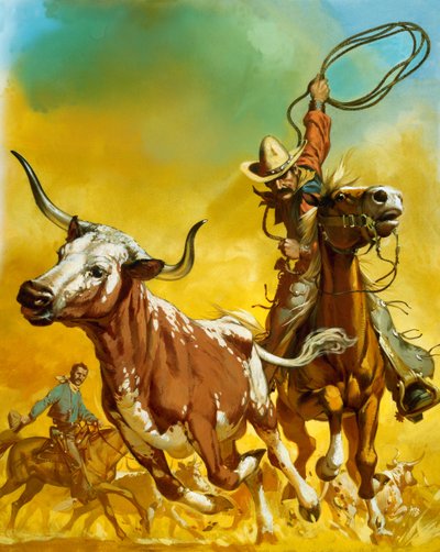 Cowboy fanger kvæg med lasso (gouache på papir) af Angus McBride