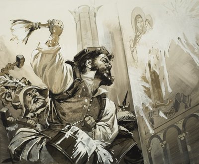 Fanatikere stormer kirkerne i Basel i det protestantiske Schweiz (gouache på papir) af Angus McBride