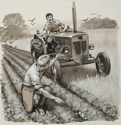 Landmand opdager et antikvarisk relikvie (gouache på papir) af Angus McBride