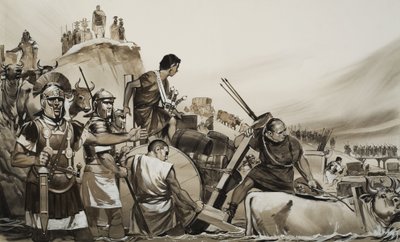 Julius Cæsar (100-44 f.Kr.) førte sine soldater over den lille flod Rubicon og marcherede mod Rom (gouache på papir) af Angus McBride