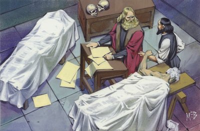 Leonardo Da Vinci undersøger menneskets anatomi ved hjælp af ligene af mænd, der er døde på hospitalet (gouache på papir) af Angus McBride