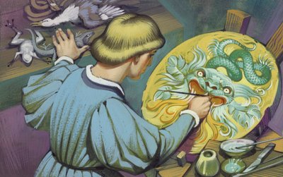 Leonardo Da Vinci maler et skjold for at imponere sin far (gouache på papir) af Angus McBride