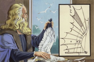 Leonardo Da Vinci studerer fugle for at finde ud af, hvordan et menneske kan flyve (gouache på papir) af Angus McBride