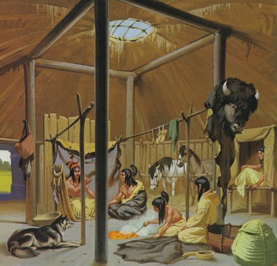 Mandan jordhytte (farvelitografi) af Angus McBride