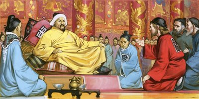 Marco Polo ved Kublai Khans hof, 20. århundrede (gouache på papir) af Angus McBride