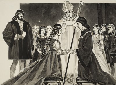 Lucrezia Borgias (1480-1519) ægteskab med hertug Alfonso (gouache på papir) af Angus McBride