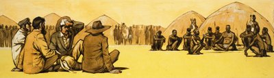 Pionerer forhandler med stammehøvdinge i Afrika af Angus McBride