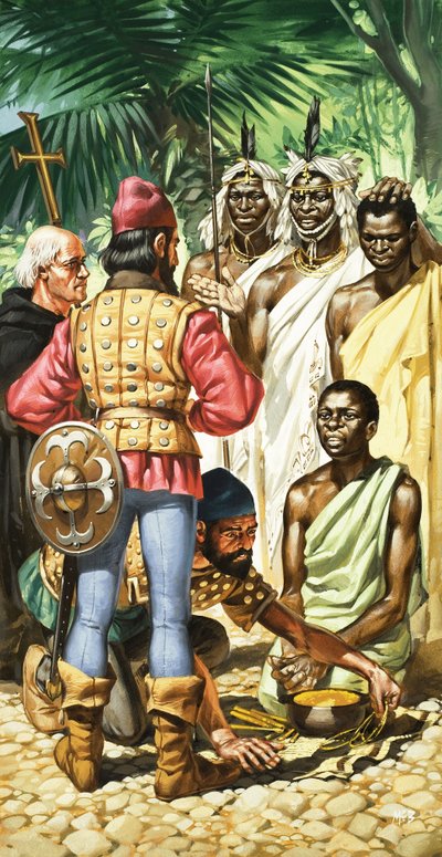 Portugisiske opdagelsesrejsende ankom til Kap Verde og Gambiafloden, hvor de fandt indfødte, der var villige til at handle med guld. af Angus McBride