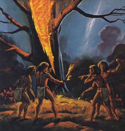 Det forhistoriske menneske og ilden (farvelitografi) af Angus McBride
