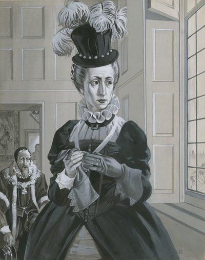 Dronning Elizabeth I, da hun hører nyheden om henrettelsen af Mary Queen of Scots (gouache på papir) af Angus McBride