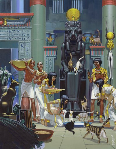 Tjenere fodrer katte i et gammelt egyptisk tempel (gouache på papir) af Angus McBride