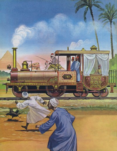 Khediven af Egypten fik bygget et lokomotiv og en vogn i England i 1862 (farvelitografi) af Angus McBride