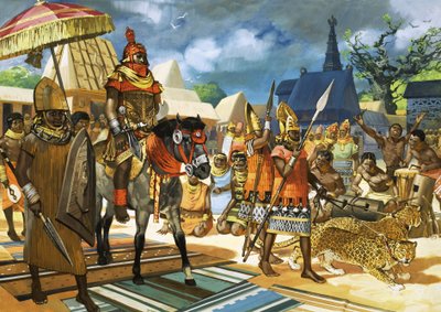 Obaen, eller kongen, af Benin, Vestafrika, ca. 1550 (gouache på papir) af Angus McBride