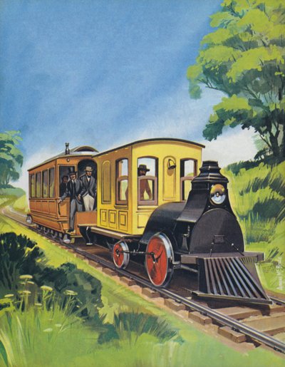 Thomas Edisons elektriske tog, bygget i 1882 (farvelitografi) af Angus McBride