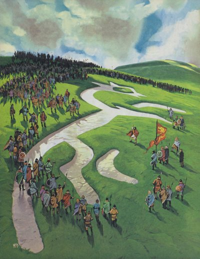 Uffington White Horse, bygget af Alfred den Store efter slaget ved Ashdown mod danskerne (farvelitografi) af Angus McBride