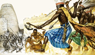 Krigsdans af bantu-stammefolk af Angus McBride