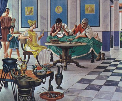 Velhavende romersk familie nyder et måltid (farvelitografi) af Angus McBride