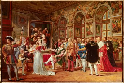 Francois 1.s århundrede: Francois 1. Konge af Frankrig modtog maleriet af den hellige familie i Fontainebleau, sendt fra Rom af Raphael (Raffaello sanzio italiensk maler) som en hyldest til hans taknemmelighed. På dens sider skelner vi: (Del til venstre o af Anicet Charles Gabriel Lemonnier