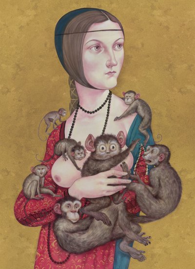Kvinde med aber, 2016 (akrylmaling på illustrationsplade) af Anita Kunz