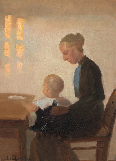 Et interiør med en mor og et barn. af Anna Ancher