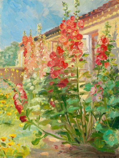 Røde stokroser i haven hos familien Ancher på Markvej i Skagen. af Anna Ancher