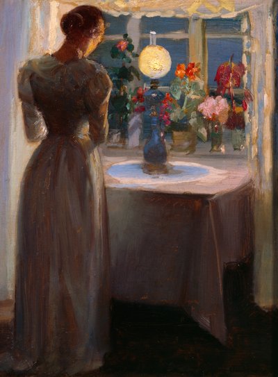 Ung pige foran en lampe af Anna Kirstine Ancher