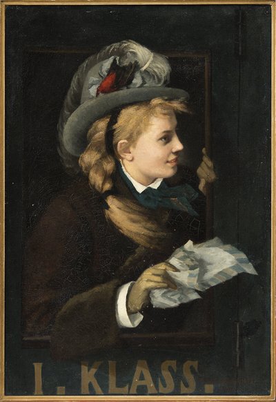Kvinde ved vinduet i et tog - Dame i et togvindue, af Nordgren, Anna (1847-1916). olie på lærred af Anna Nordgren