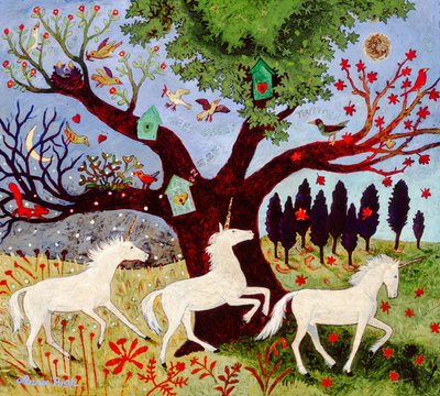 3 enhjørninger ved et træ af Anna Pugh
