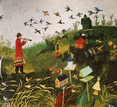 Bird Piper med sorte fugle, 2001 (akryl) af Anna Pugh