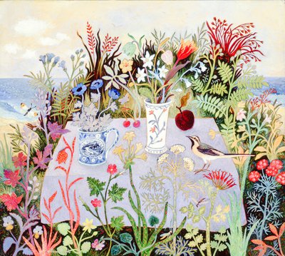 Blomster på et bord, 2004 (akryl) af Anna Pugh
