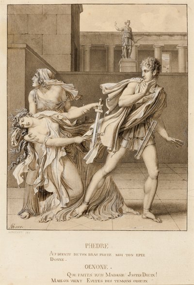 Phaedre, efter at have erklæret sin lidenskab, forsøger at dræbe sig selv med Hippolytus sværd af Anne-Louis Girodet de Roucy-Trioson
