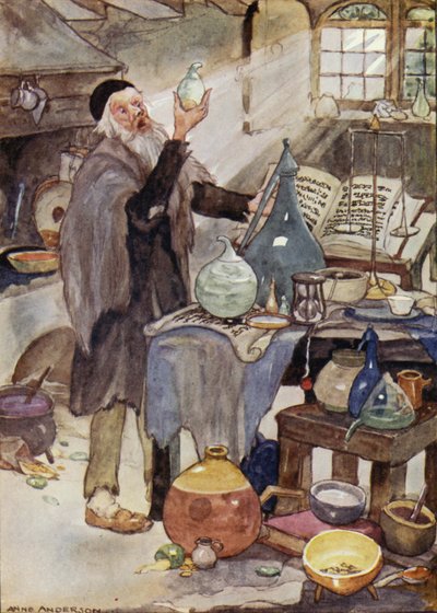 Alkymist, scene fra HC Andersens eventyr Vindens fortælling (farve litho) af Anne (after) Anderson