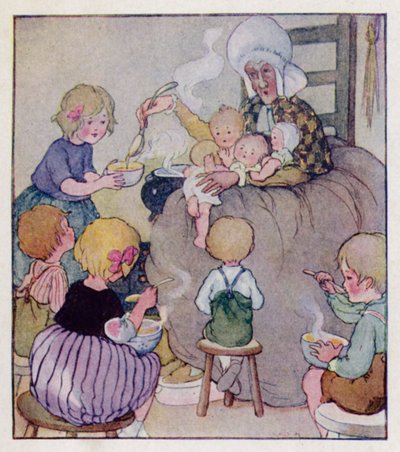 Børnerim: Der var en gammel kvinde, der boede i en sko (farve litho) af Anne (after) Anderson