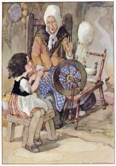 Bedstemoren startede op fra sit spindehjul (farve litho) af Anne (after) Anderson