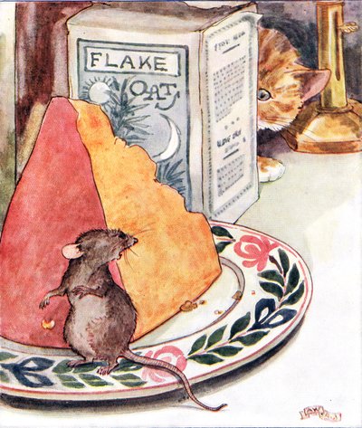 "Having a bit of supper - prime Stilton", illustration fra "The Mischievious Mousie Book", udgivet af Thomas Nelson und Sons, 1920