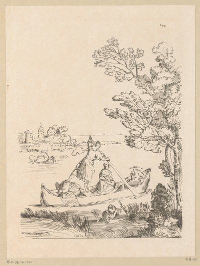 Flodlandskab med en båd roet af en kvinde Cabinet du Roy (serietitel på objekt) af Anne Claude Philippe Caylus