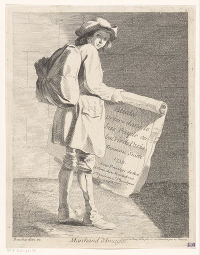 Rondreizende prentsælger Forhandler af billeder (titel på objekt) Studier taget i det lavere folk eller Crees i Paris. Tredje Farve. (serietitel på objekt) af Anne Claude Philippe Caylus