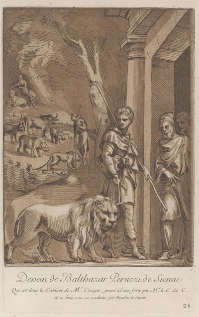 En hyrde holder en løve i snor i forgrunden, i mellemgrunden sh..., ca. 1729-64 af Anne Claude Philippe de