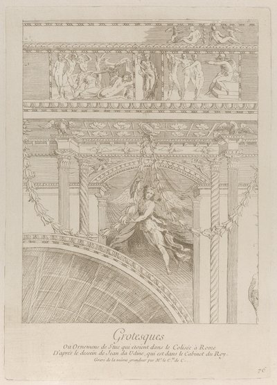 Grotesker: detalje af stukrelieffer, der dekorerer Colosseum i Rom, med en fløj..., ca. 1729. af Anne Claude Philippe de Caylus
